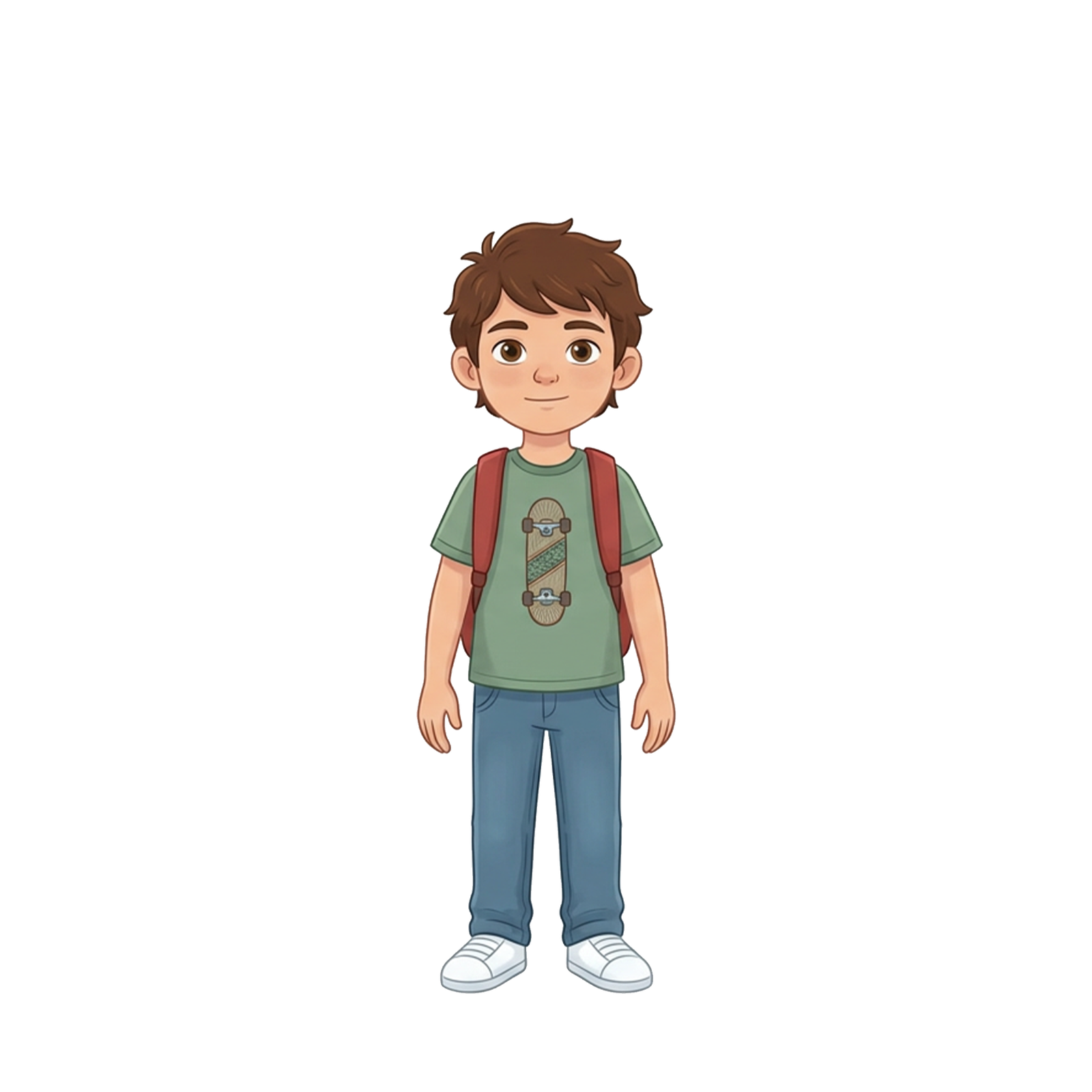 Jacob, a young boy wearing a green skateboard shirt and red backpack
