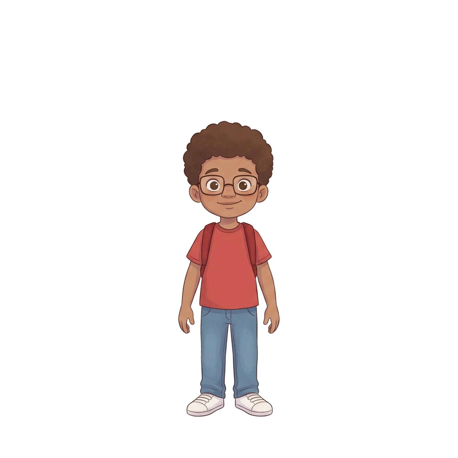 Sam, a young boy wearing a K-pop shirt and backpack